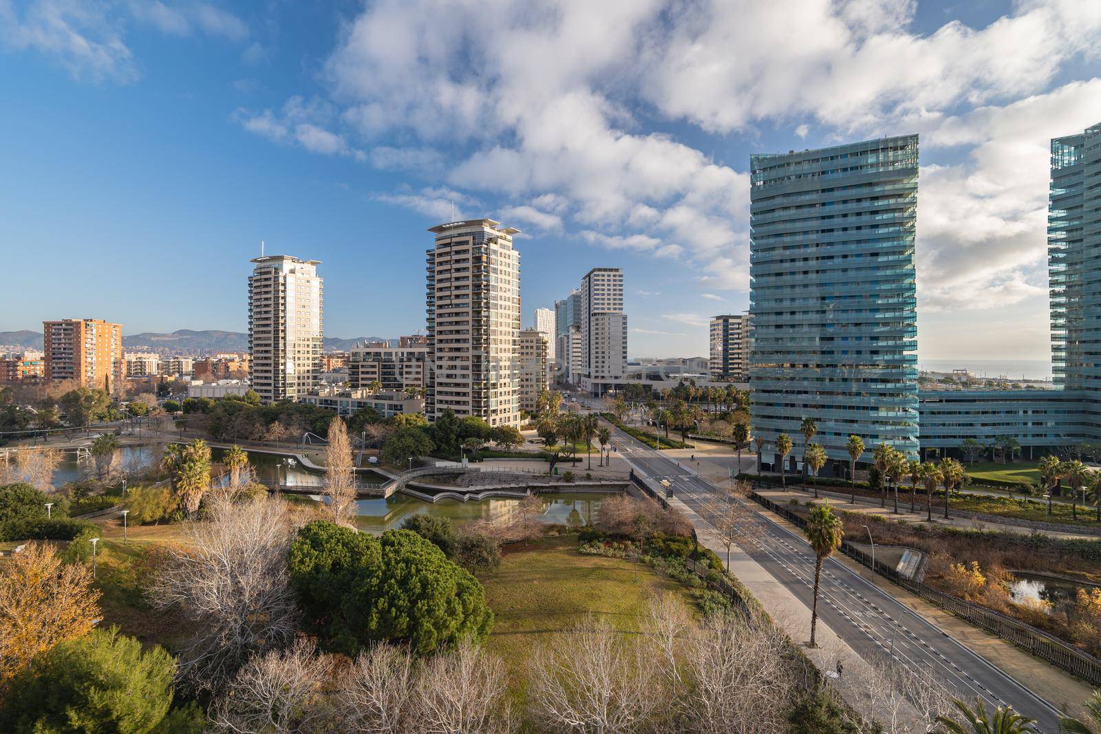 Overview of the Diagonal Mar public park with modern buildings in Barcelona, Catalonia, Spain.