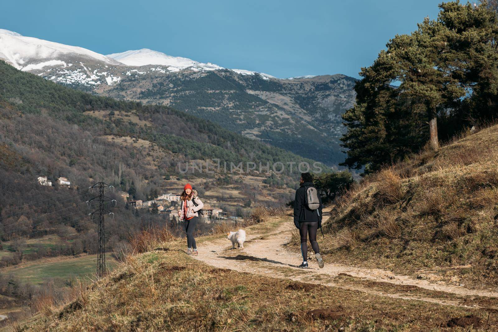 A couple of hikers with backpacks and a dog walking along beautiful area with snowy mountains, forest and blue sky. The concept of active rest