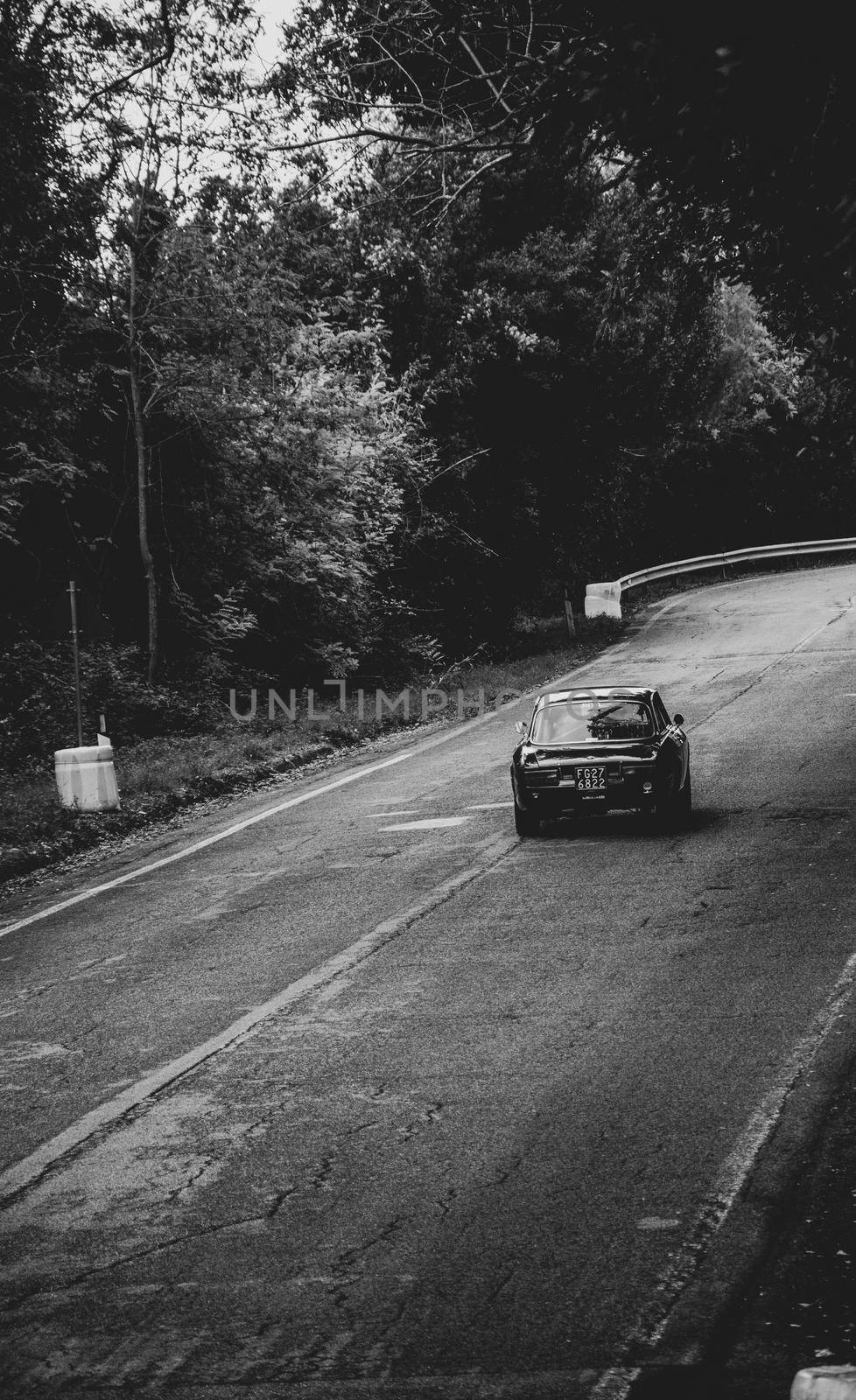 PESARO COLLE SAN BARTOLO , ITALY - OTT 10 - 2021 : ALFA ROMEO JUNIOR SCALINO on an old racing car in rally