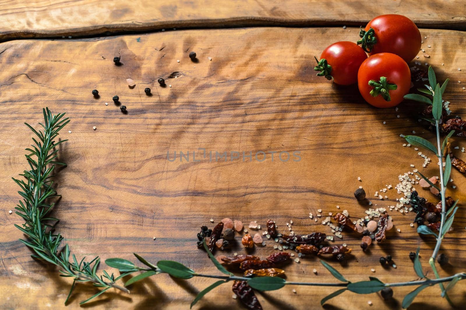 Food cooking wood bg ingredients for preparation vegan dishes, tomatos by Praximon