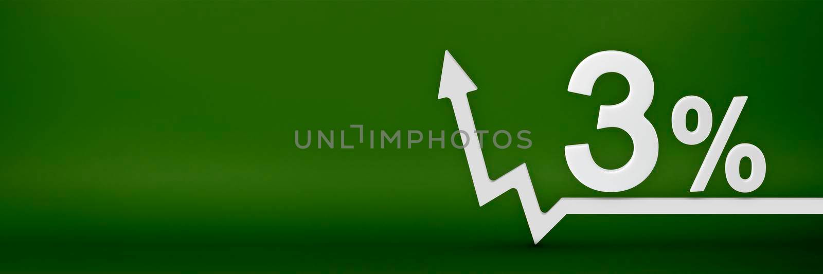 3 percent. The arrow on the graph points up. Rising prices, inflation, increase in income, increase in interest rates, taxes. 3d banner, three percent sign discount on a green background