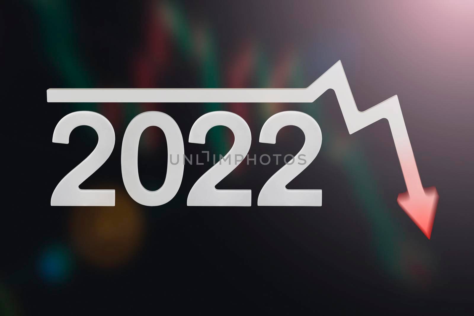 Crisis 2022. Quarterly or annual report of companies. Economic recession on the chart. Chart arrow pointing down against falling chart and dollar symbol.