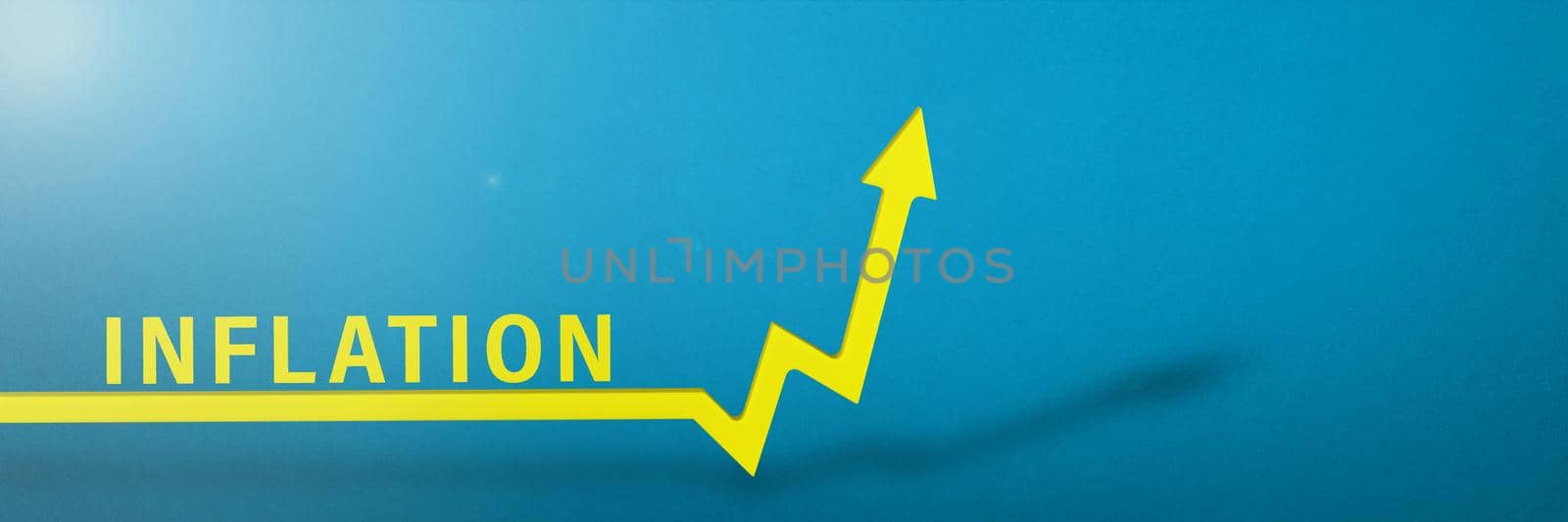 Inflation. Rising inflation. Global financial crisis. Yellow arrow on the graph indicating price growth, blue background