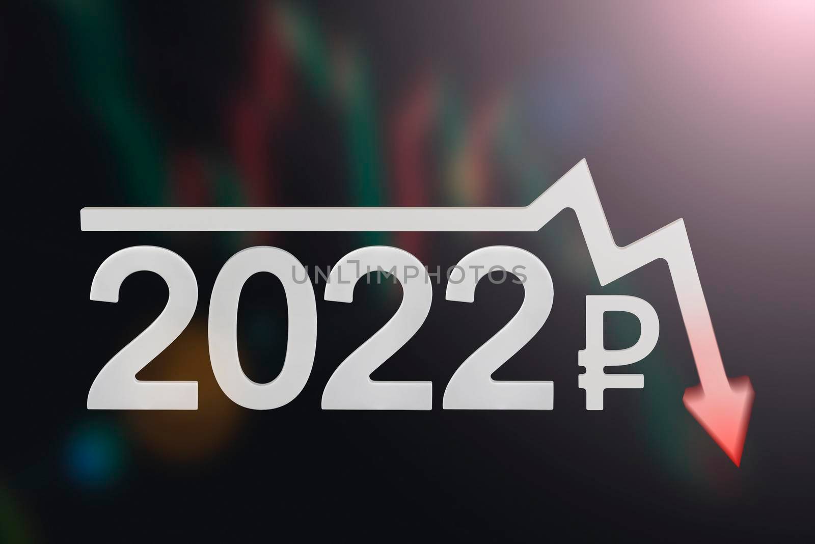 Sanctions and crisis 2022 in Russia. Company quarterly or annual reports. Economic downturn on the chart. Chart arrow pointing down against falling chart and ruble symbol by SERSOL