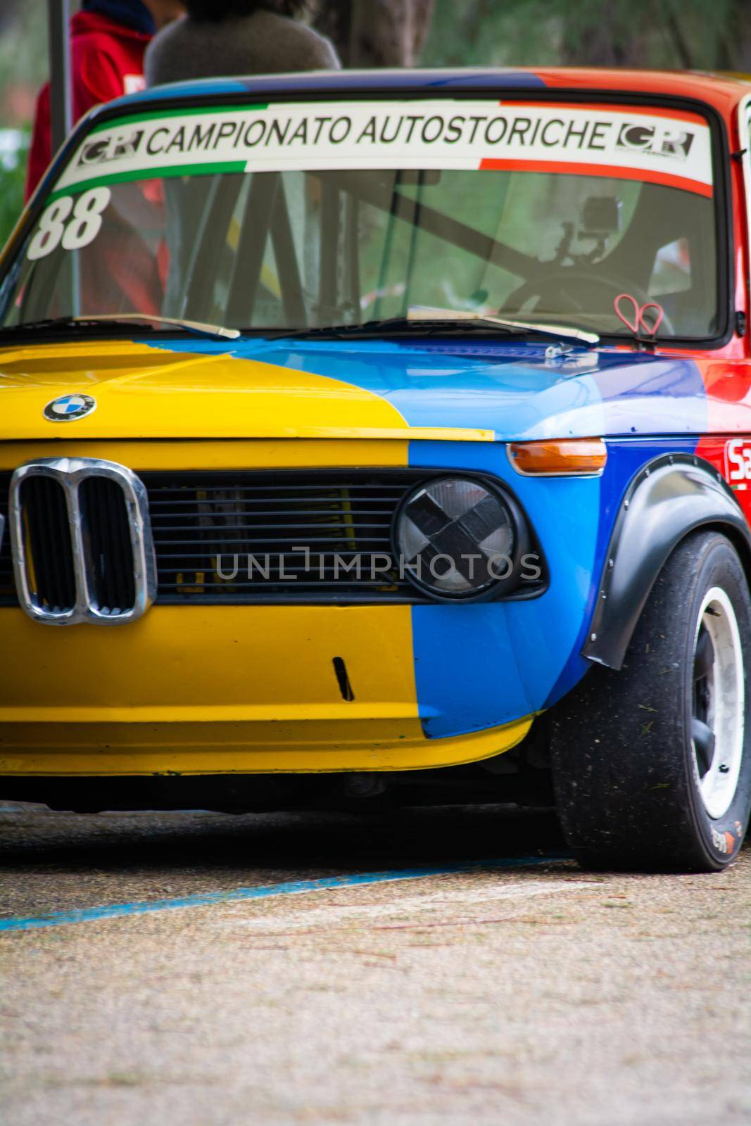 PESARO COLLE SAN BARTOLO , ITALY - OTT 10 - 2021 : BMW 2002 on an old racing car ifor rally