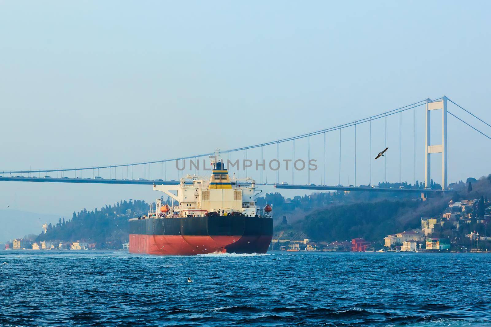 Cargo ship tanker in Bosphorus Strait about to pass under Bosphorus bridge in Istanbul, Turkey