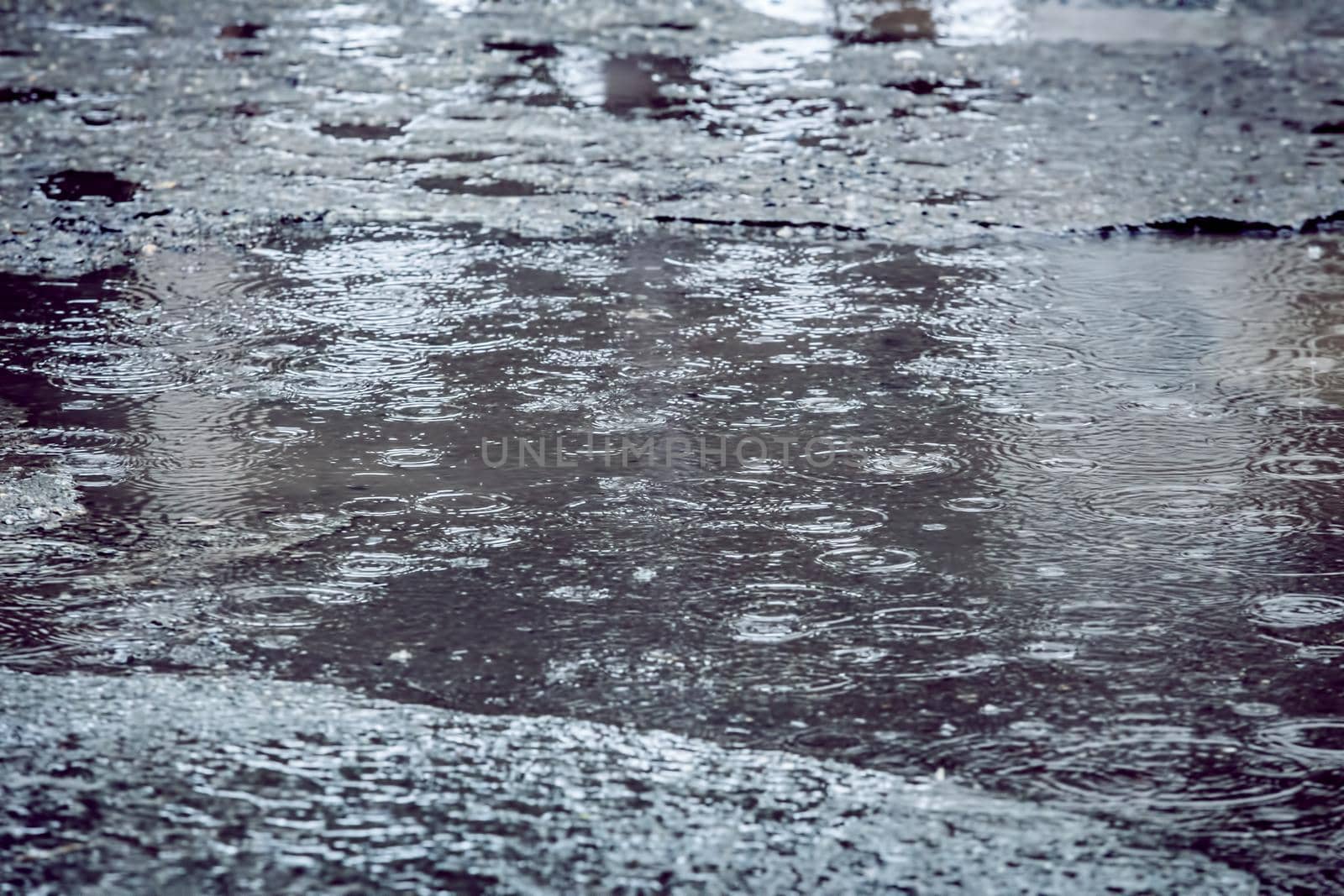 rain drops falling in pool on asphalt