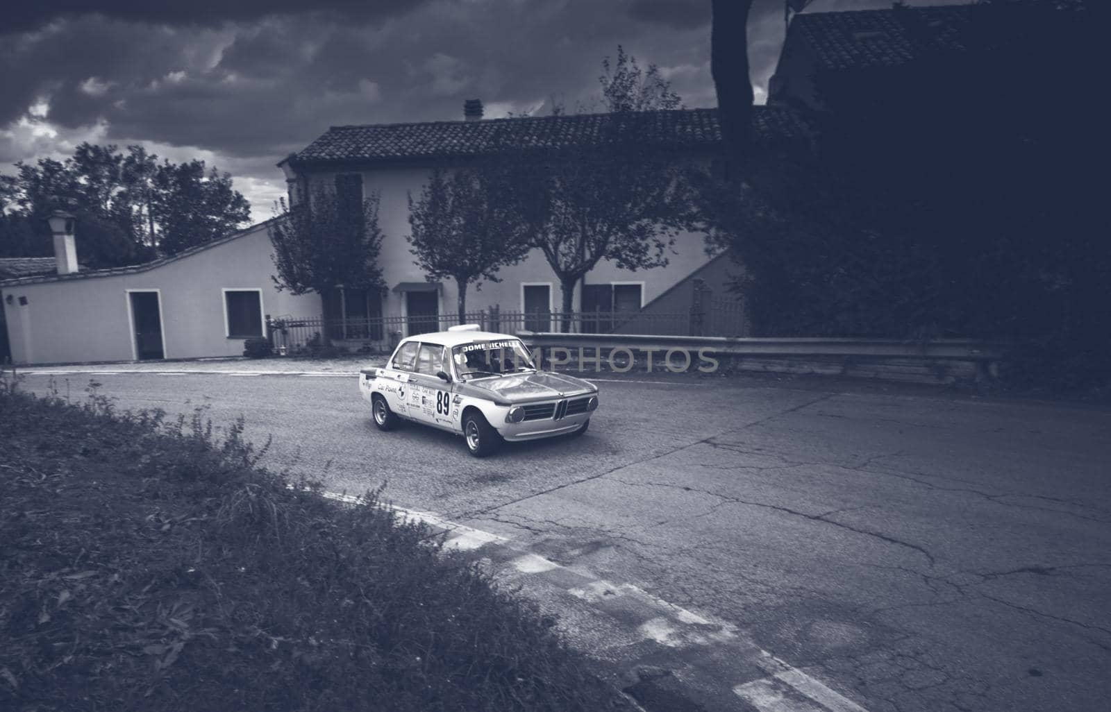 PESARO COLLE SAN BARTOLO , ITALY - OTT 10 - 2021 : BMW 2002 on an old racing car ifor rally