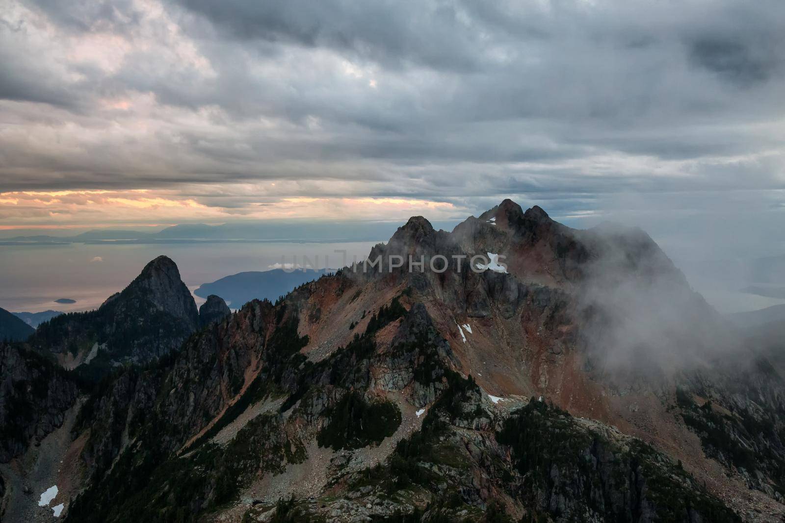 Aerial landscape view of Brunswick Mountain with Howe Sound in the background. Picture taken North of Vancouver, British Columbia, Canada.