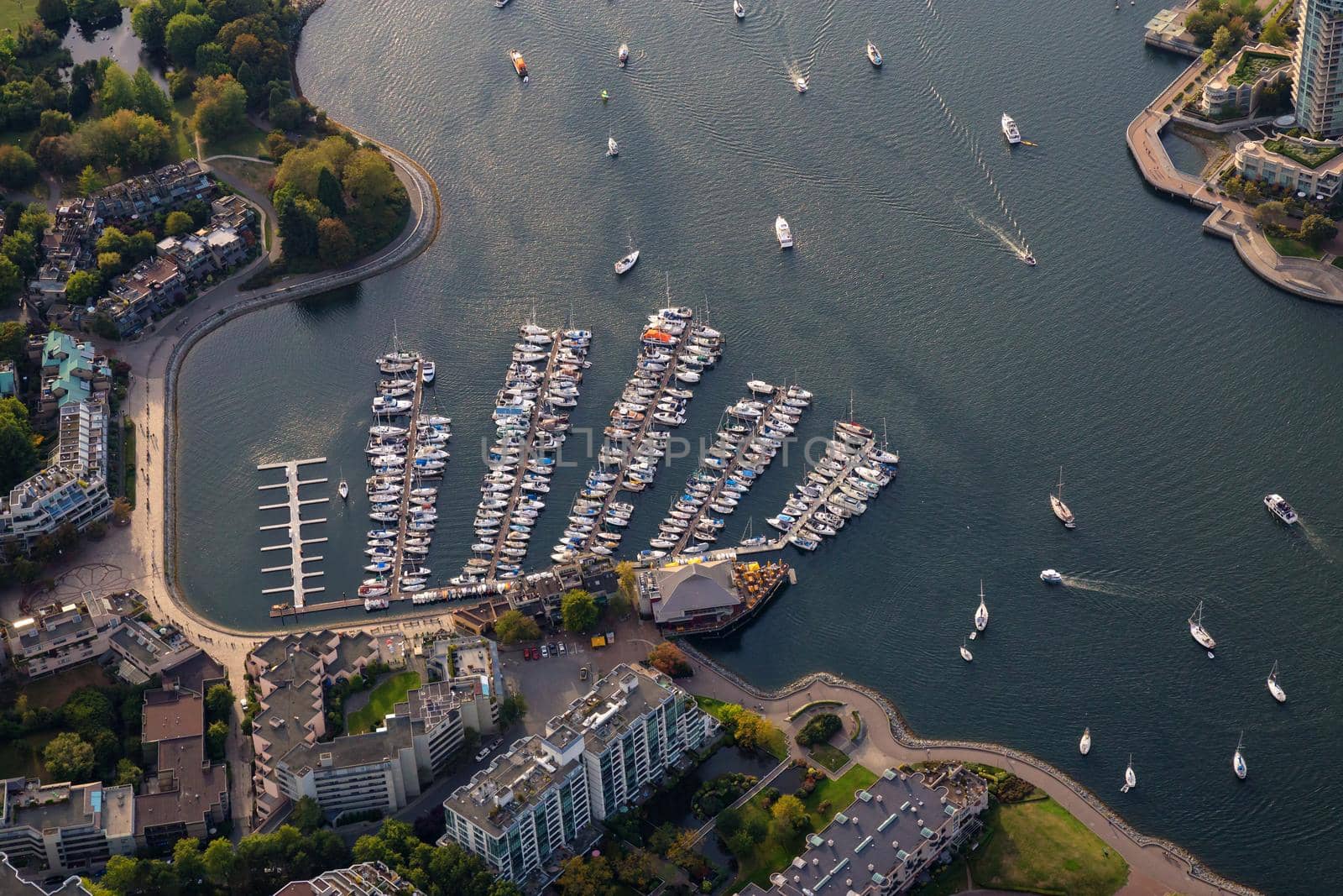 Aerial view on the marina in False Creek, Downtown Vancouver, British Columbia, Canada.