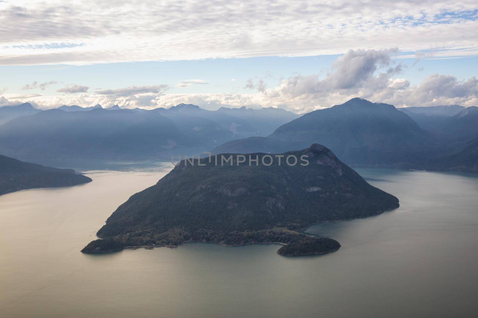 Aerial Landscape View of Anvil Island in Howe Sound, BC, Canada.