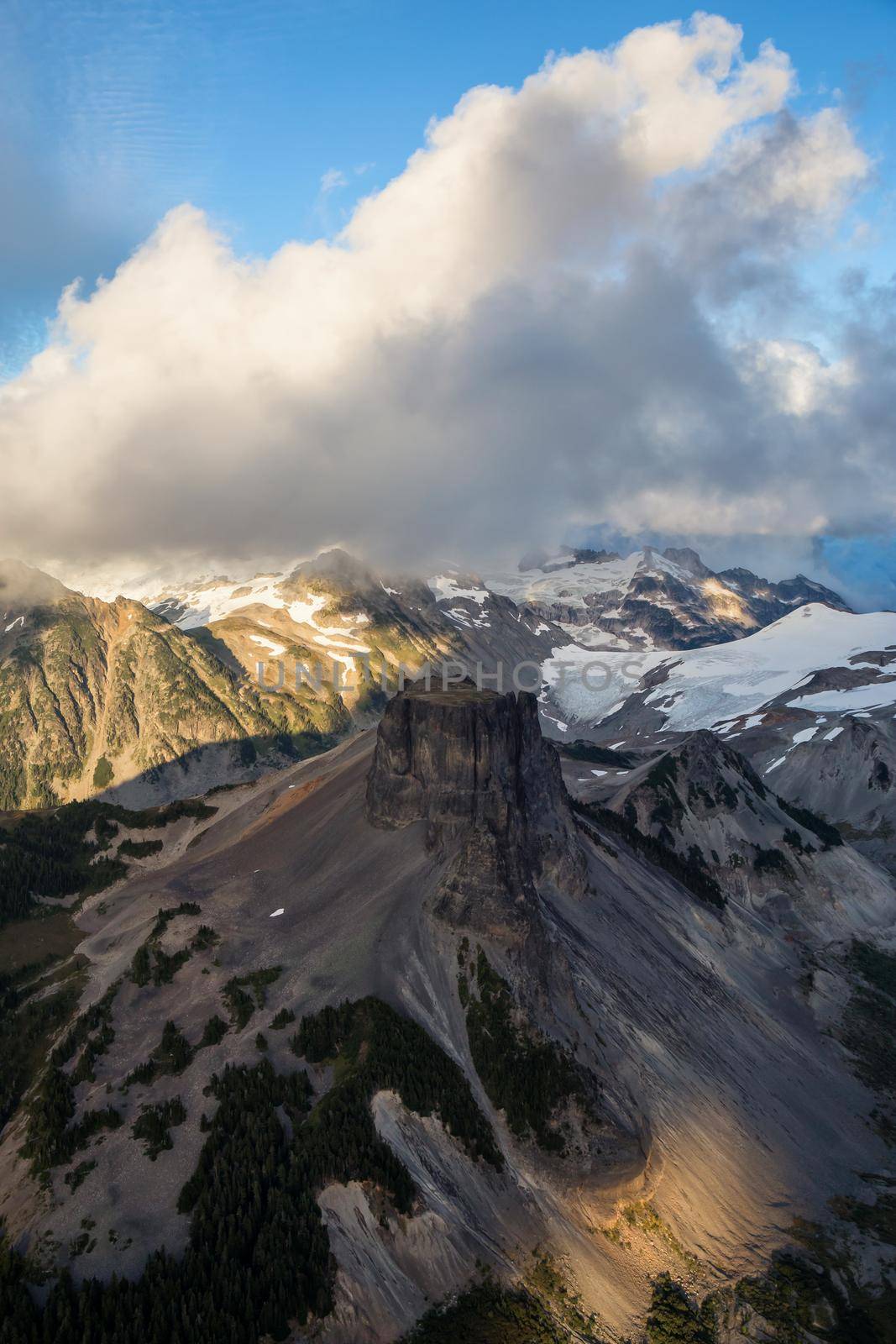 Aerial landscape view of Table Mountain in Garibaldi, BC, Canada.