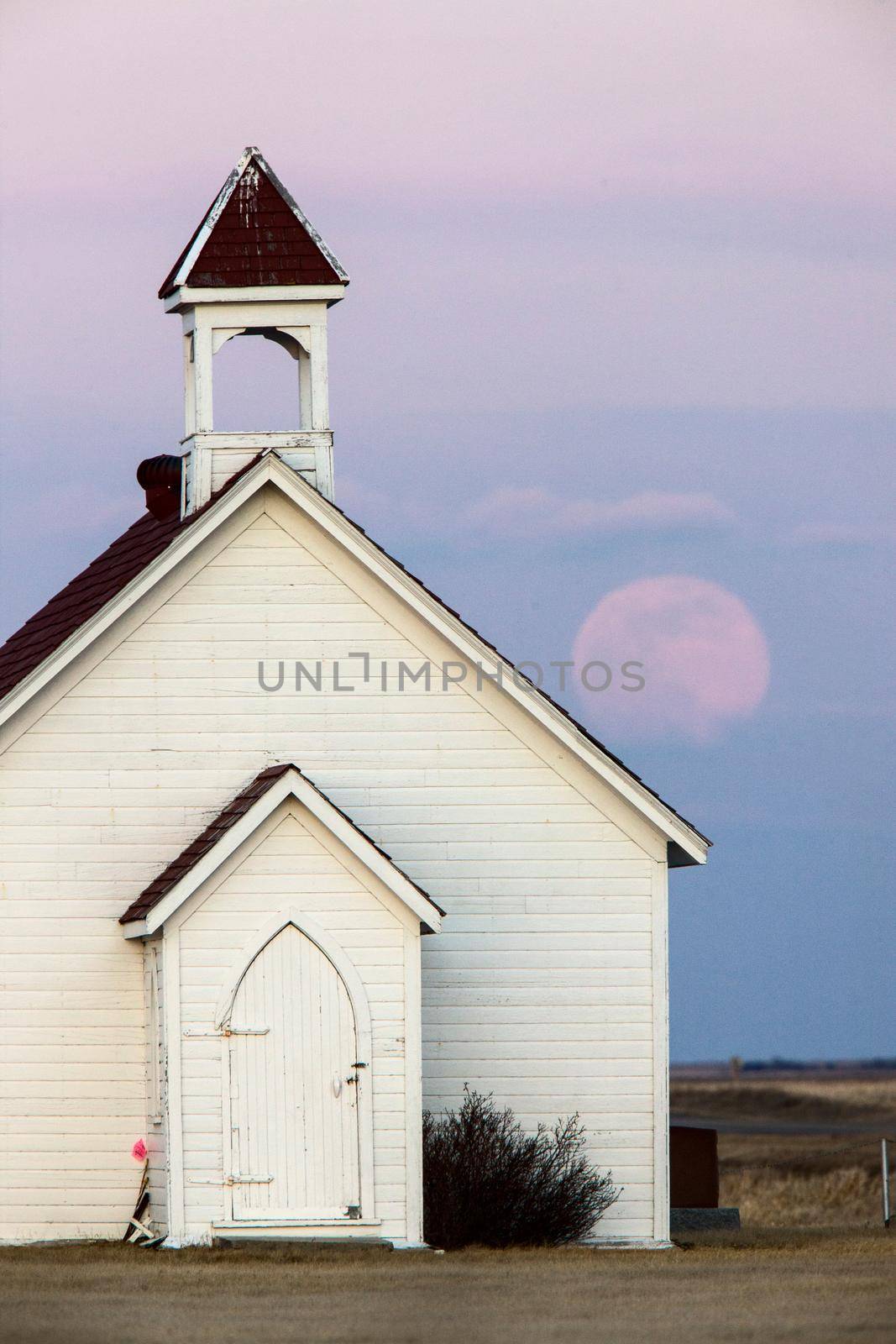 Full Pink Moon and Country Church Saskatchewan