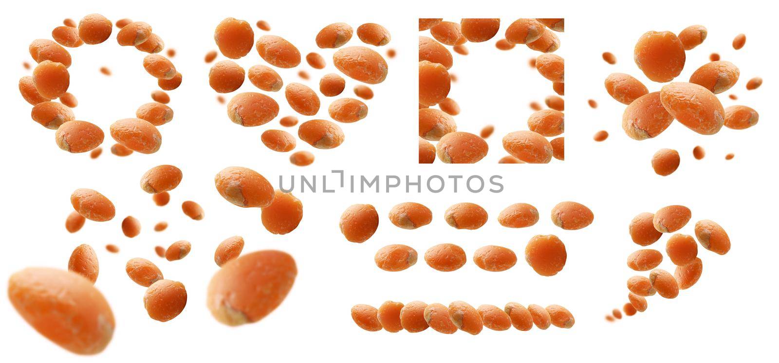 A set of photos. Red lentils levitate on a white background.