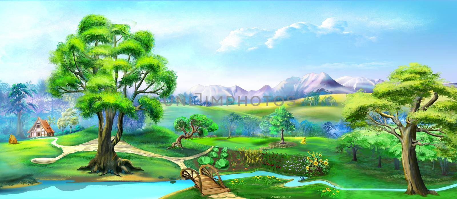 Natural parkland with a river. Mountain view in the background.  Digital Painting Background, Illustration.