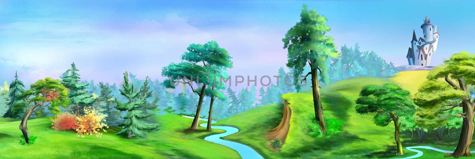 Natural parkland with a river near a big city. Digital Painting Background, Illustration.
