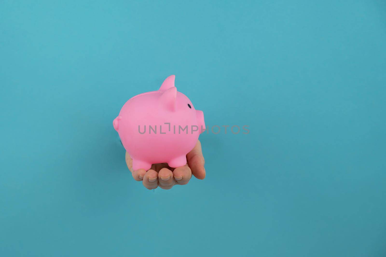 A female hand sticking out of a hole from a blue background holds a pink piggy bank