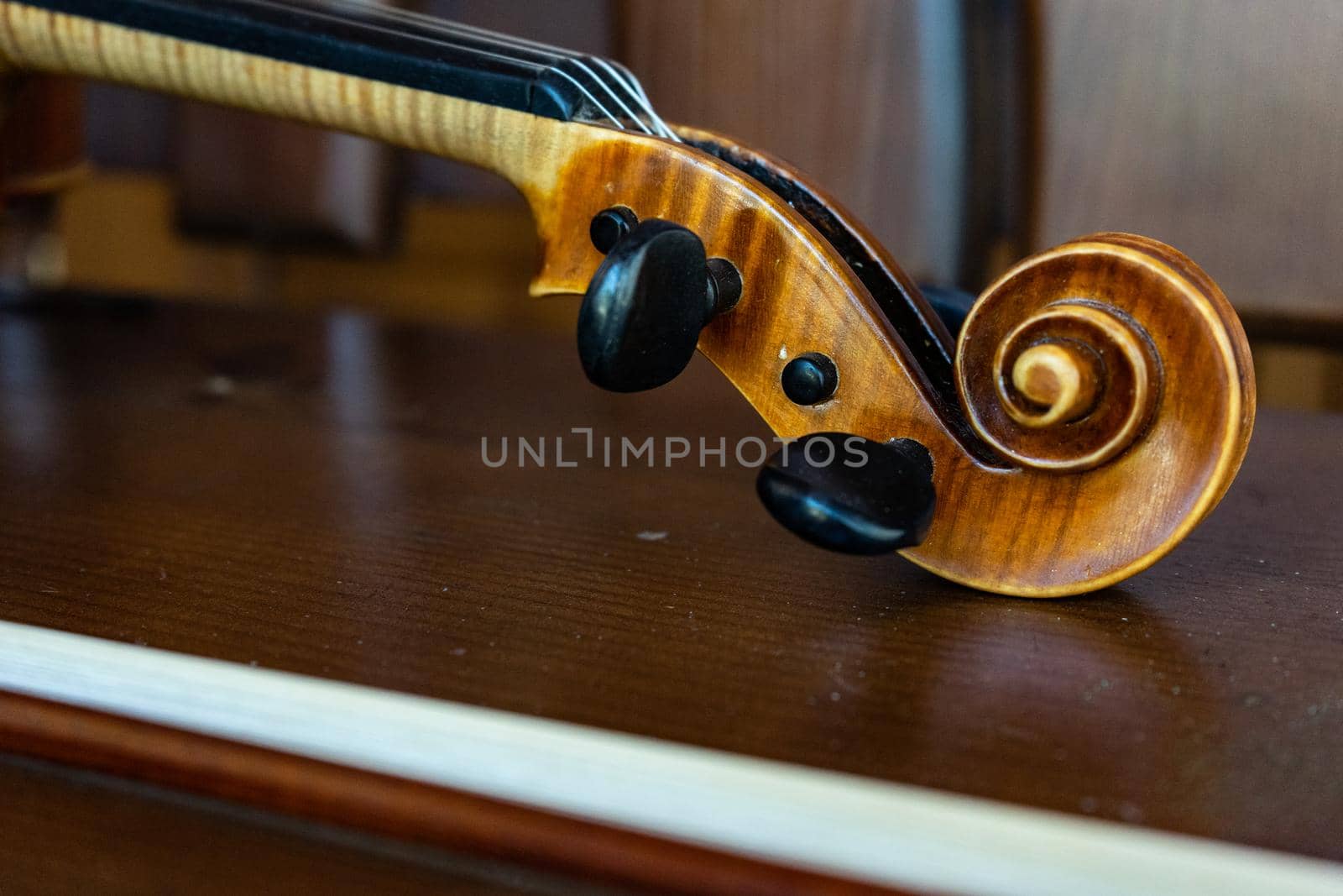 Part of the violin. Side view. Violin handle.