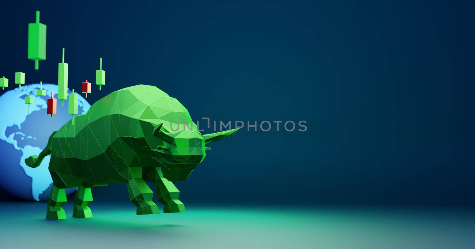 Bull with candlestick chart and global on blue background 3D render by Myimagine