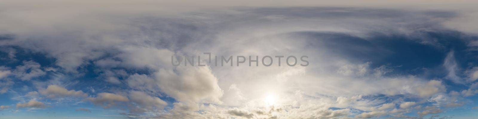 Blue sky panorama with puffy Cumulus clouds. Seamless hdr pano in spherical equirectangular format. Sky dome or zenith for 3D visualization, game and sky replacement for aerial drone 360 panoramas. by Matiunina