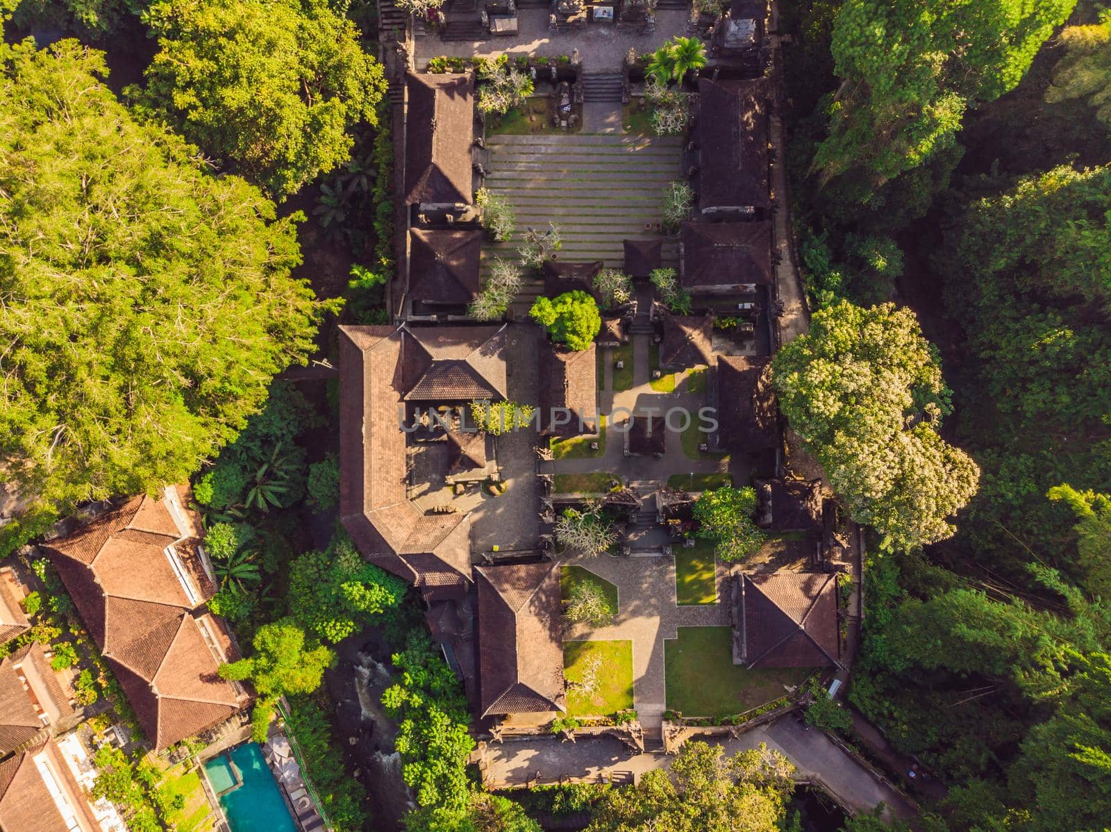 Aerial shot of the Pura Gunung Lebah temple in Ubud on the Bali island.