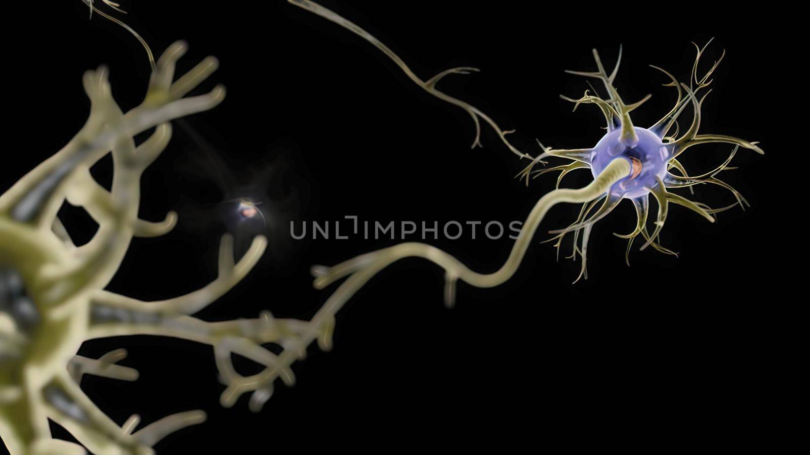 Neuronal and Synapse Activity illustration. Neurons in the head, neuroactivity, synapses, neurotransmitters, brain, axons. Electrical impulses inside the human brain. 3D illustration
