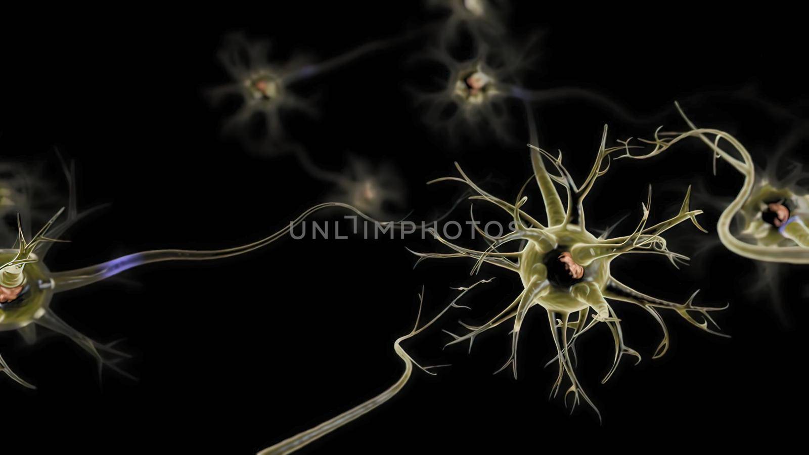 Neuronal and Synapse Activity illustration. Neurons in the head, neuroactivity, synapses, neurotransmitters, brain, axons. Electrical impulses inside the human brain. 3D illustration