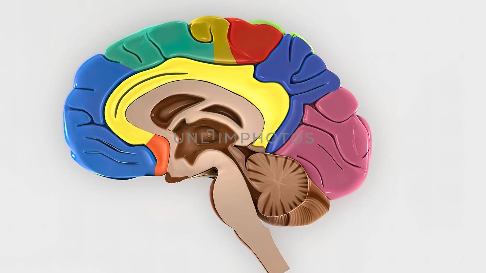 Brain lobes in different colors isolated on white 3d illustration