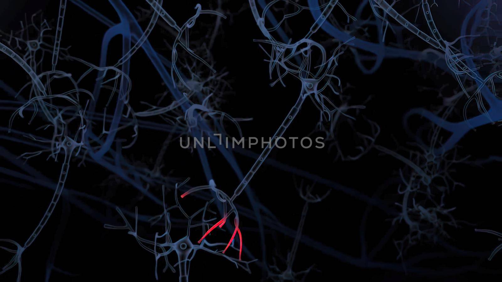 Human brain with neuronal impulses. It turns. Arranged Neuronal Activities in the Formation 3D illustration