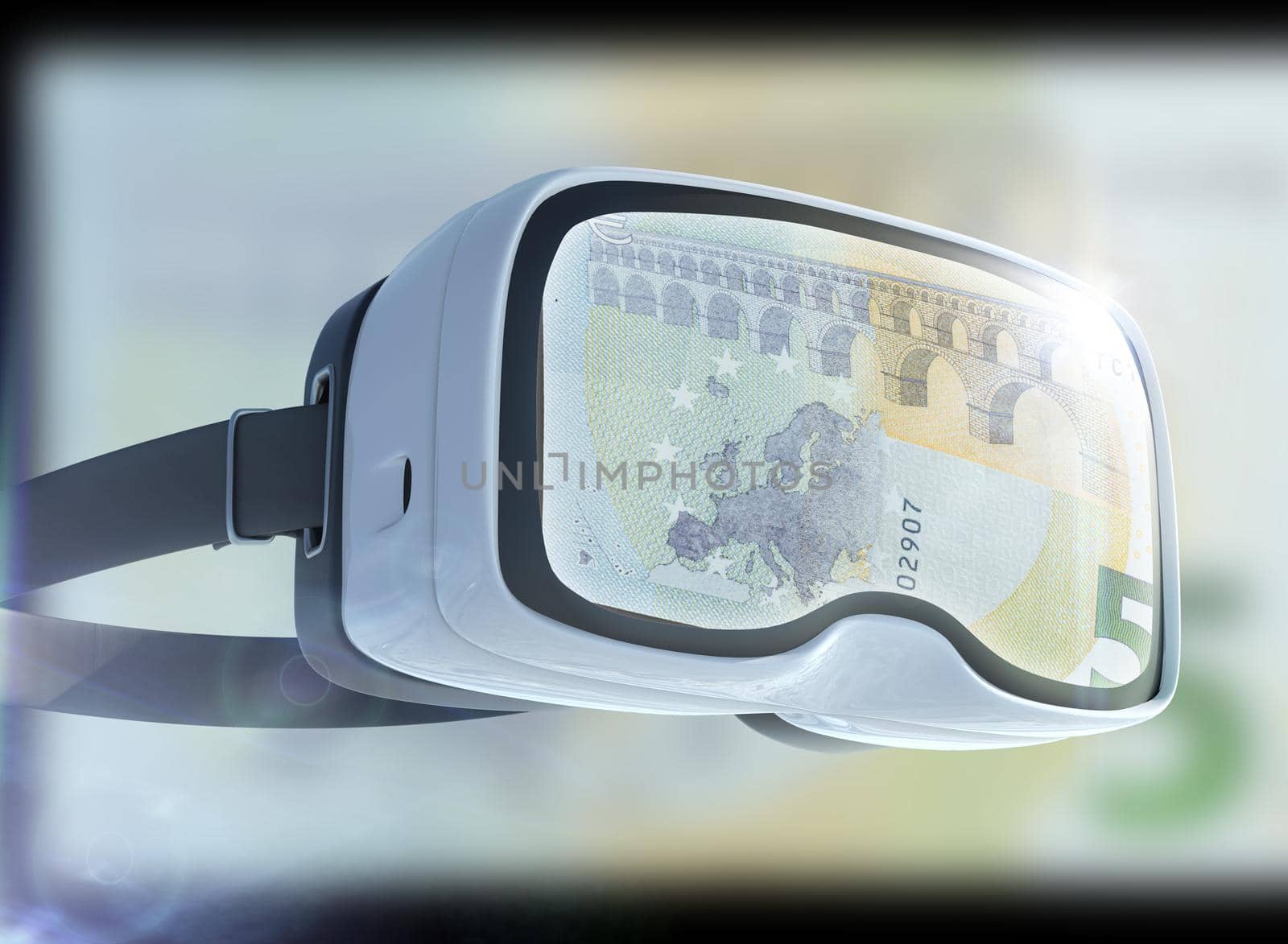 Virtual reality glasses, business, technology, internet and networking concept. EURO banknotes and abstract representing the cryptocurrency or digital money.