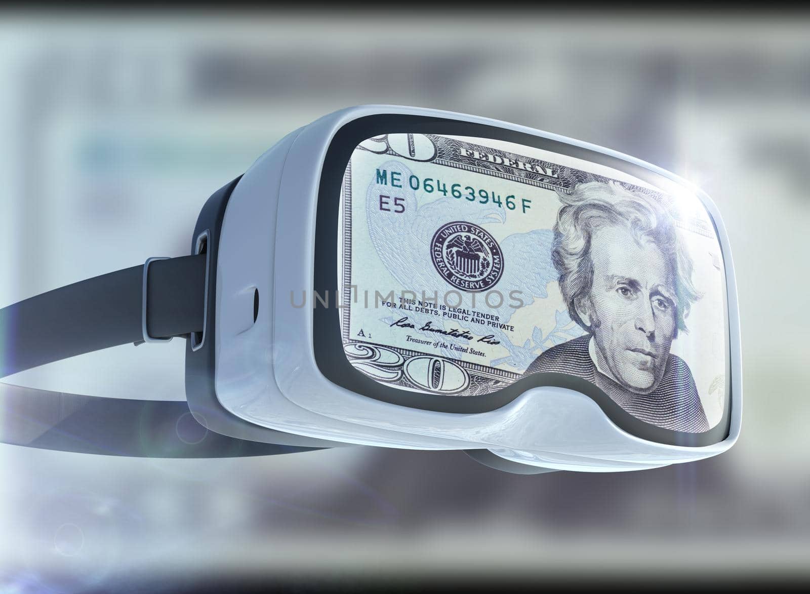 Virtual reality glasses, business, technology, internet and networking concept. US Dollar banknotes and abstract representing the cryptocurrency or digital money.