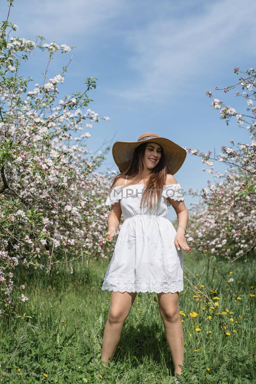 Spring concept. Nature.Young caucasian woman in white summer dress enjoying the flowering of an apple trees, walking in spring apple gardens