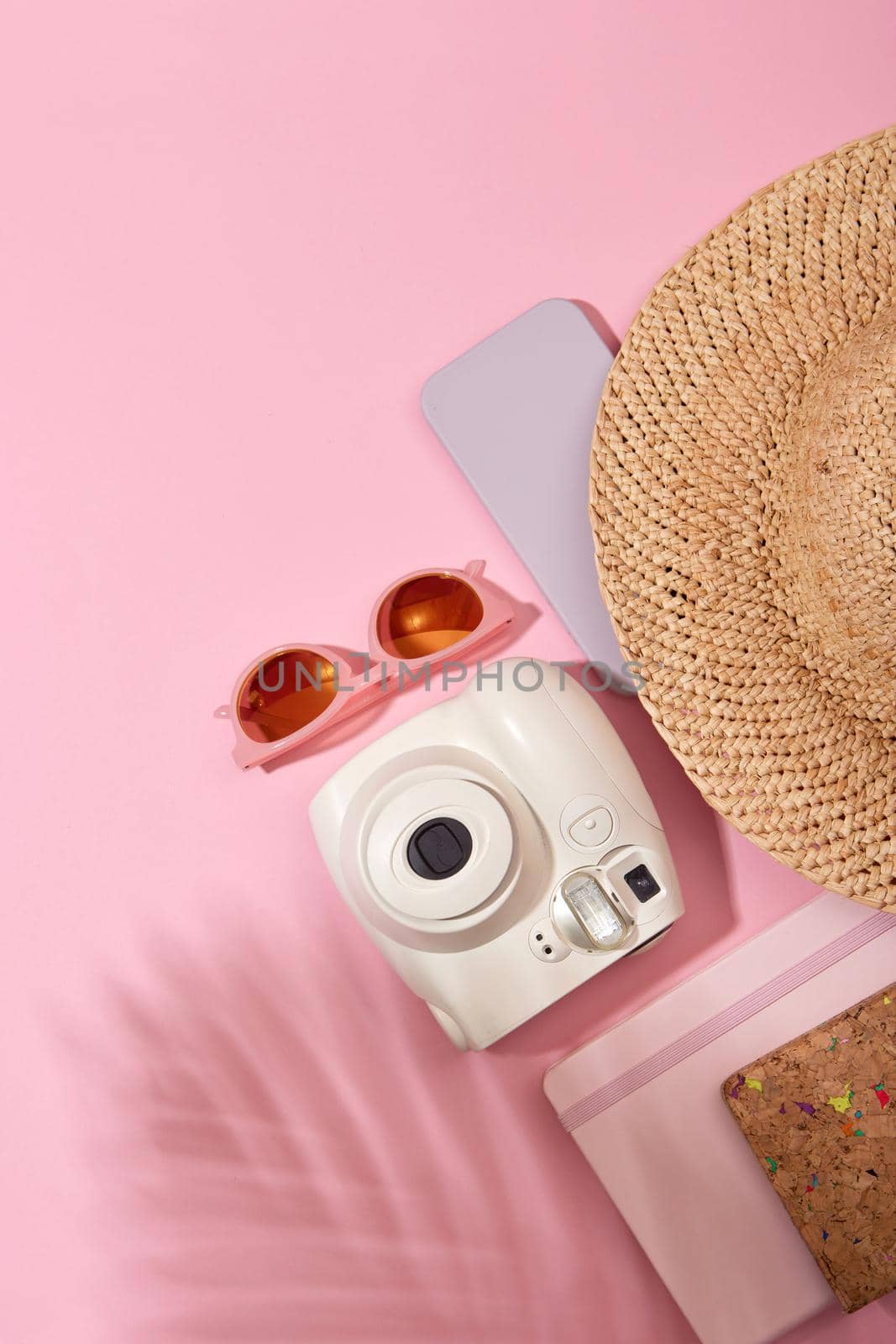 Instant camera near sunglasses and hat pink by Demkat