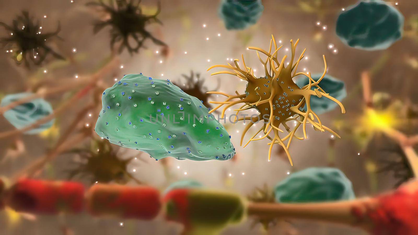 Microglia and macrophages of the central nervous system.The contribution of microglia priming and systemic inflammation to chronic neurodegeneration 3D illustration