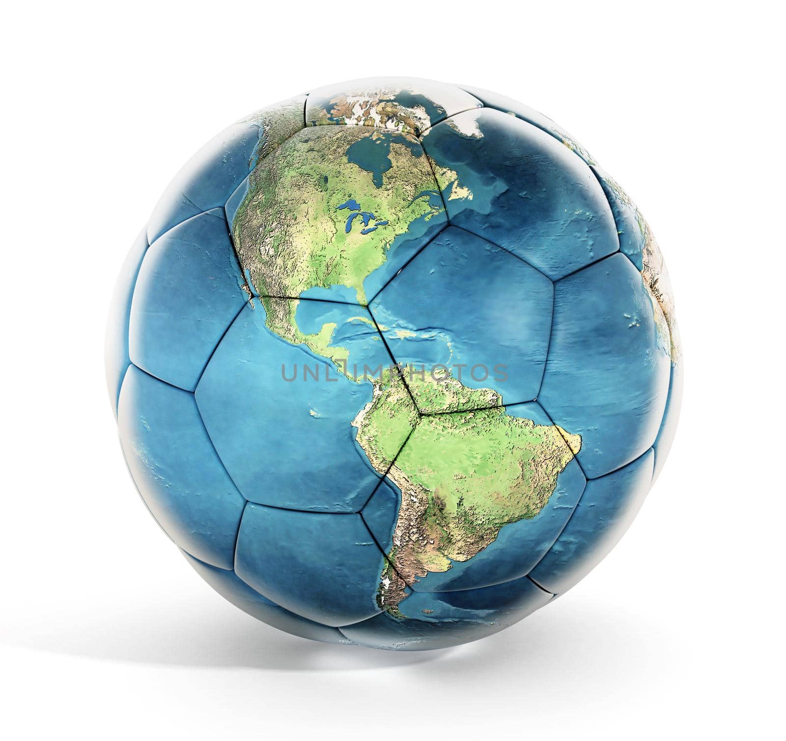 Soccer ball with earth map texture isolated on white background.