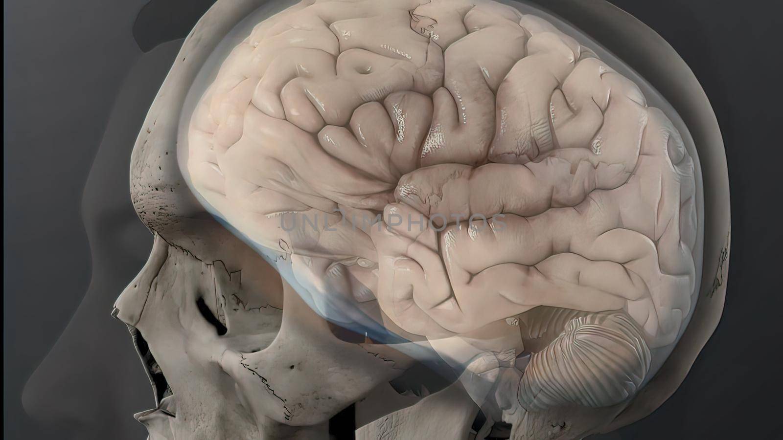 Cerebrospinal fluid inside the skull 3D illustration