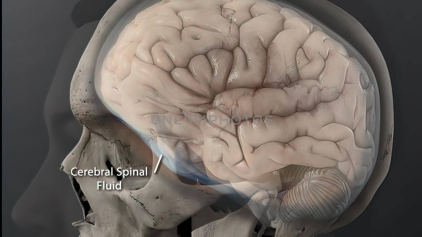 Cerebrospinal fluid inside the skull 3D illustration