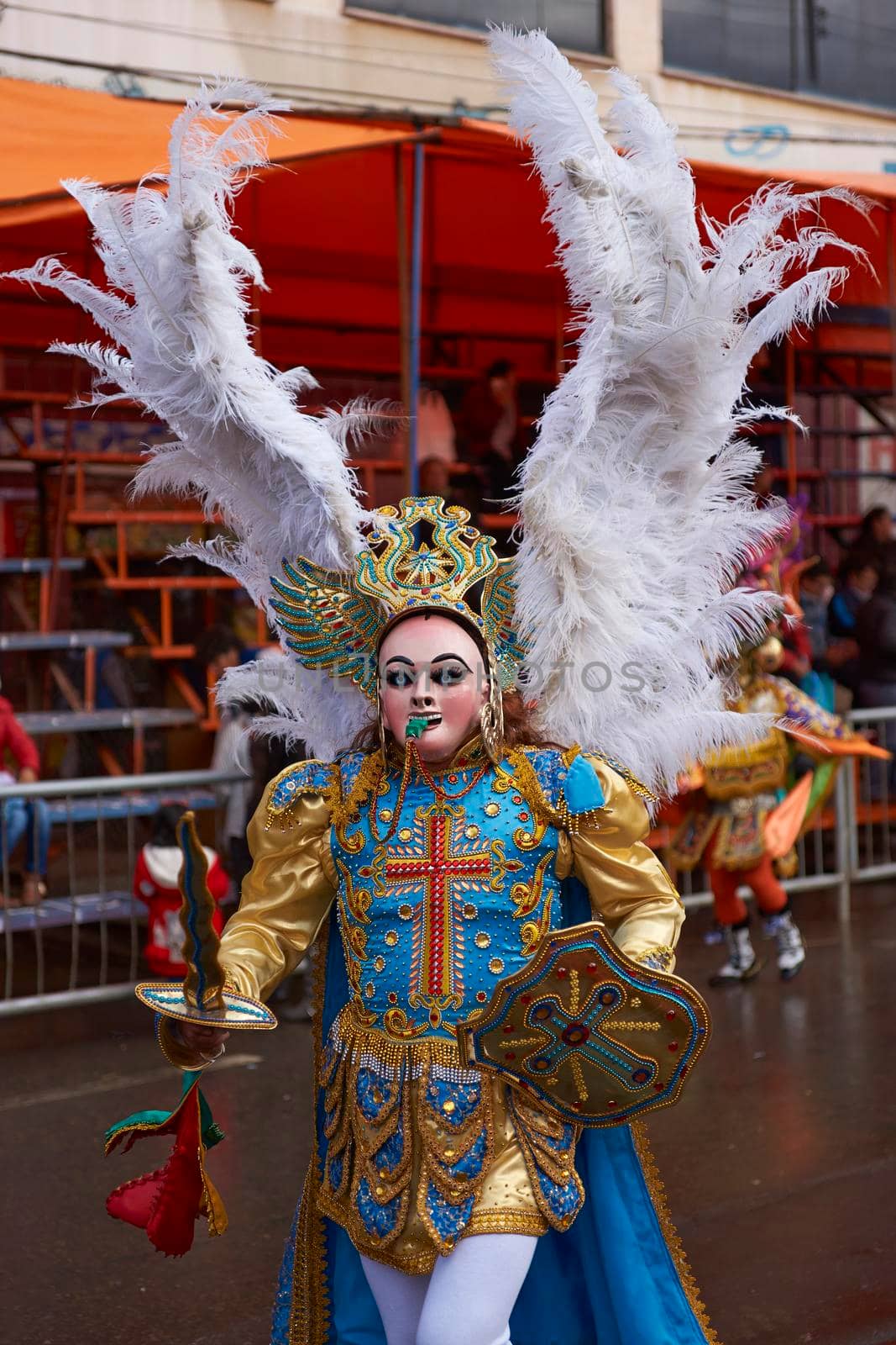 ORURO, BOLIVIA - FEBRUARY 25, 2017: Diablada dancers in ornate costumes parade through the mining city of Oruro on the Altiplano of Bolivia during the annual carnival.