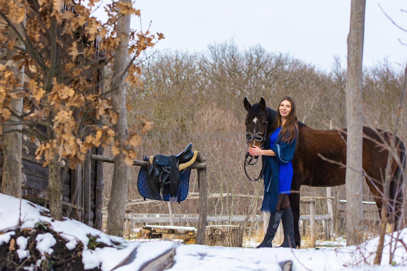 A girl in a blue dress walks with a horse through a farm in winter a