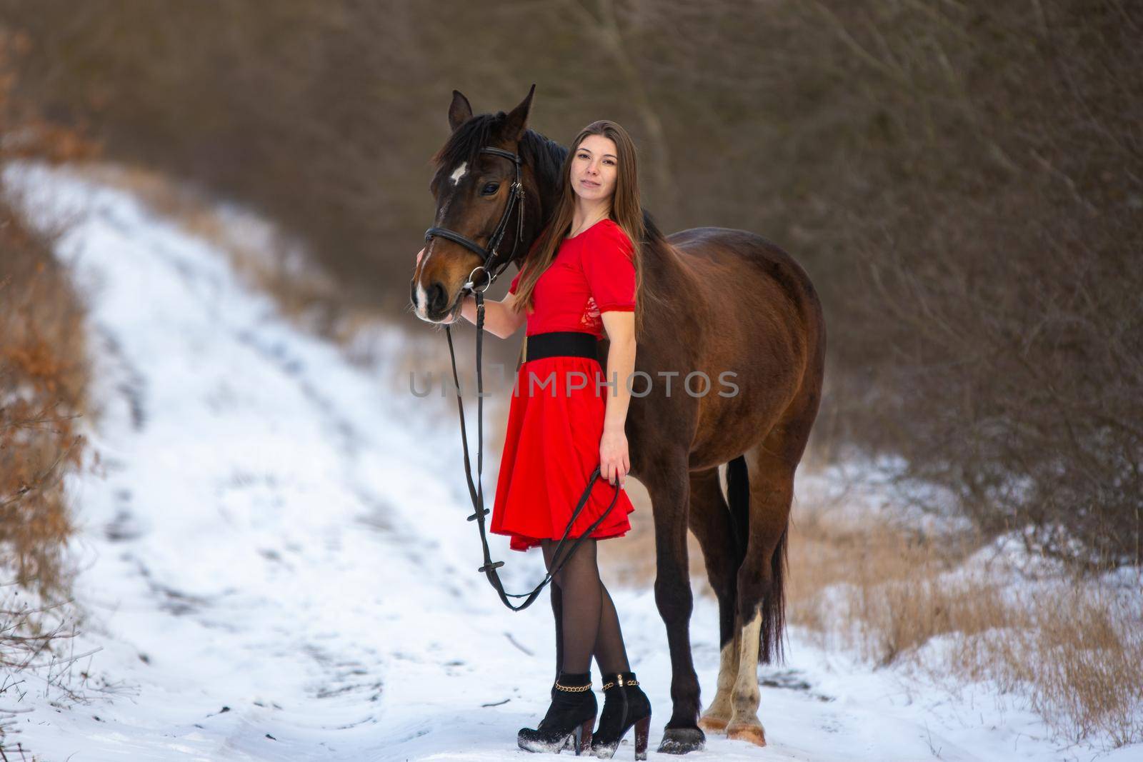 A beautiful girl in a red dress stands with a horse against the background of a winter forest and a road, the girl hugs the horse and looks into the frame by Madhourse