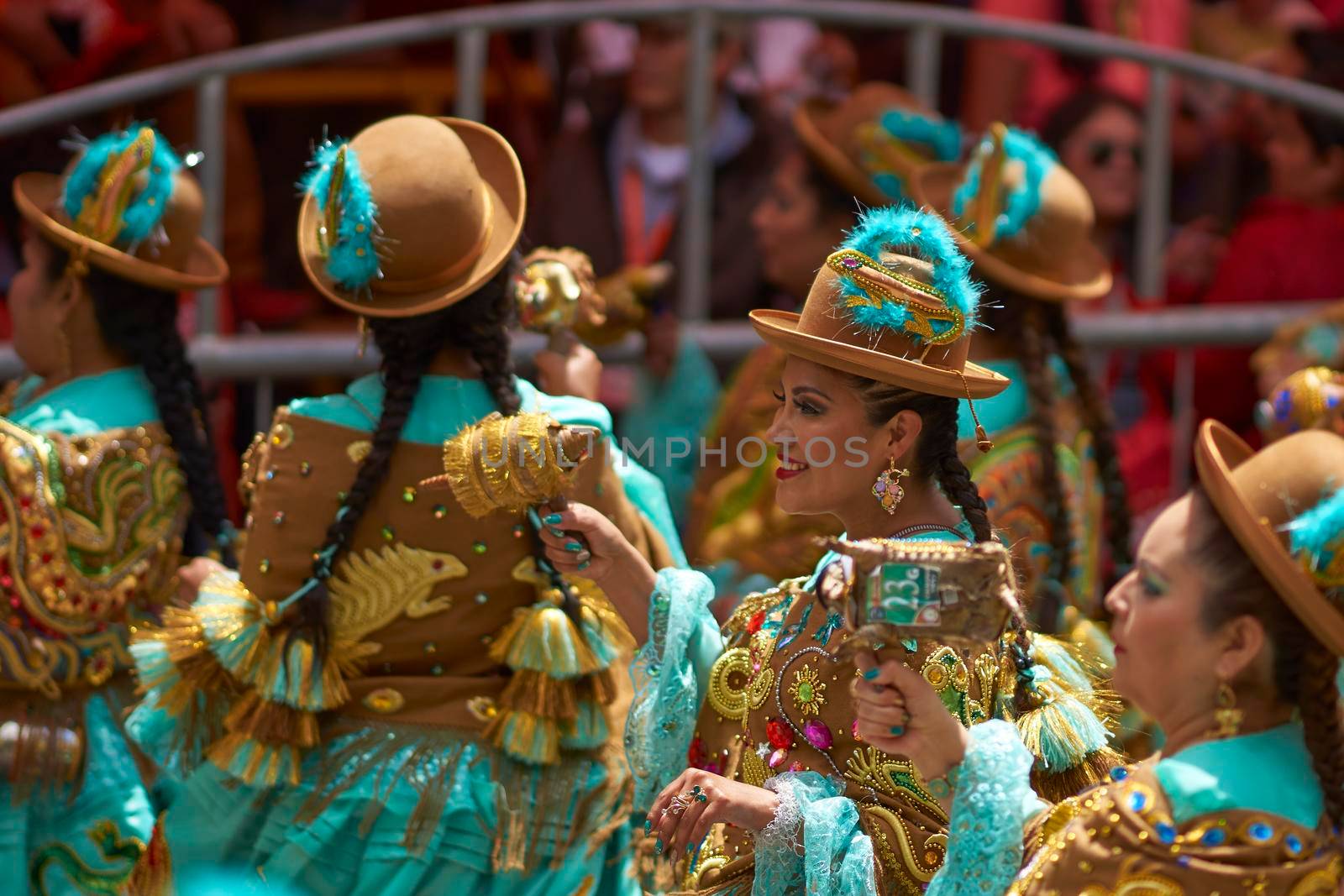 ORURO, BOLIVIA - FEBRUARY 25, 2017: Traditional Bolivian dancer in colourful costume parading through the mining city of Oruro on the Altiplano of Bolivia during the annual Oruro Carnival.