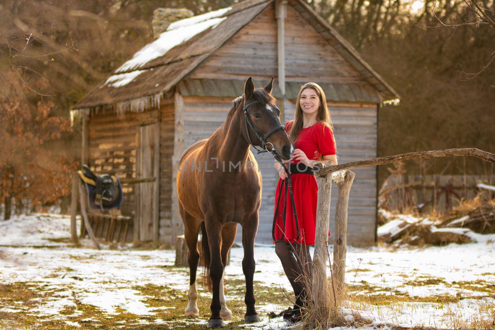 A beautiful girl in a red dress walks through an old farm in the winter in the rays of the setting sun a