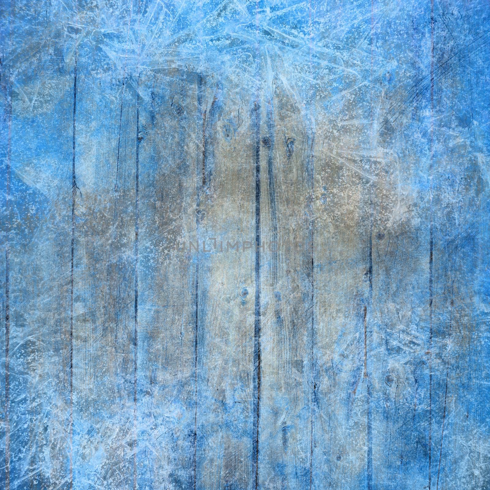Scrapbooking New Year design blue textured square backdrop template with frozen plank table and snow