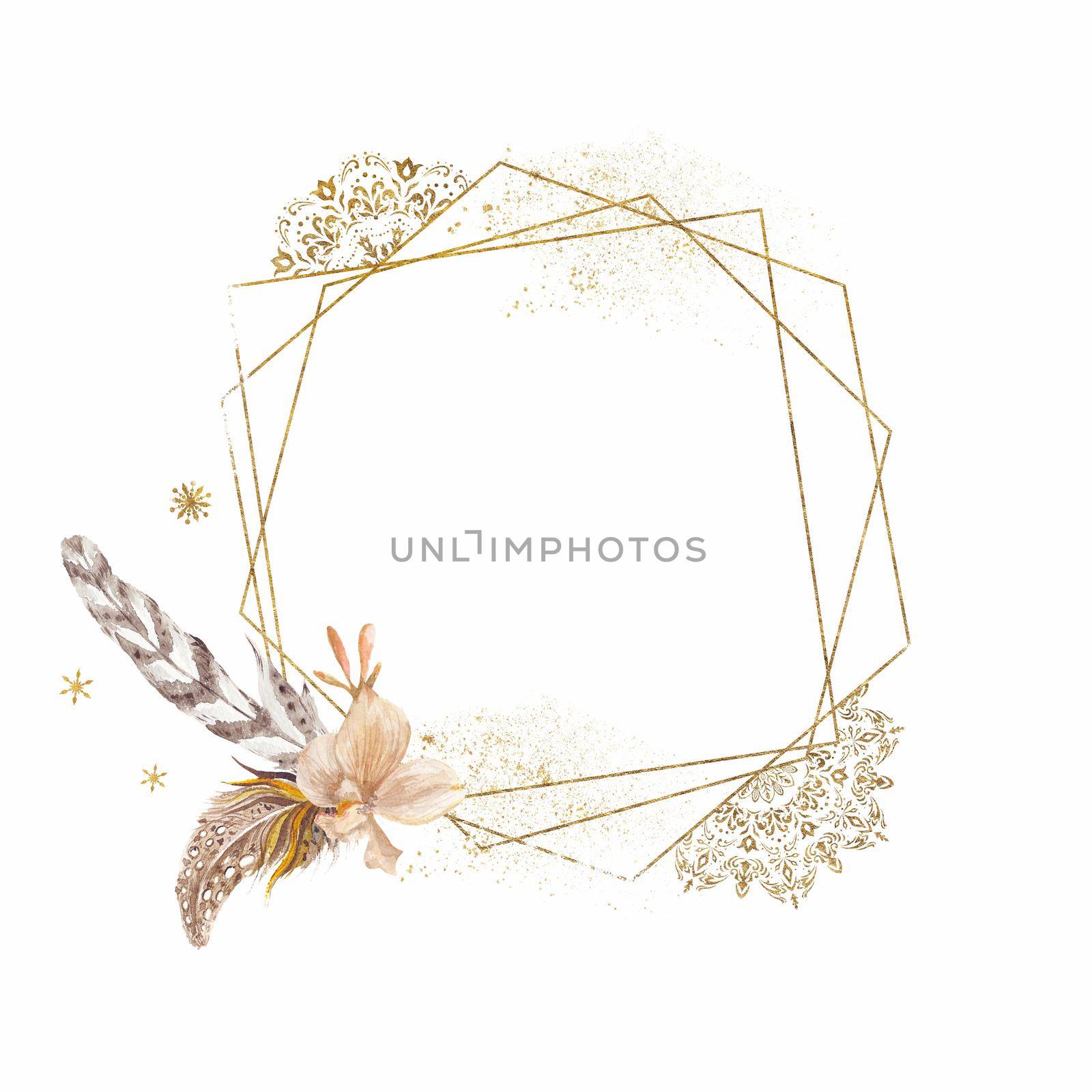 Creative paper template with watercolor feathers and gold glitter by kisika
