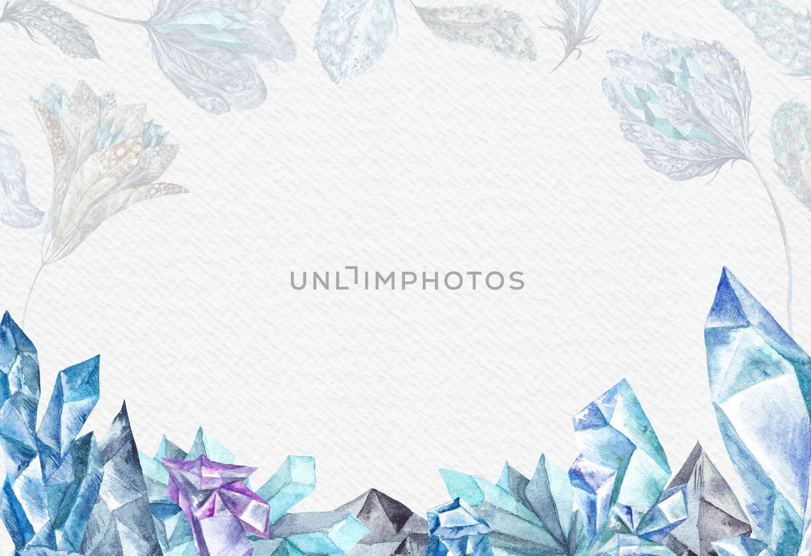 Frozen blue gems frame with empty space on textured paper