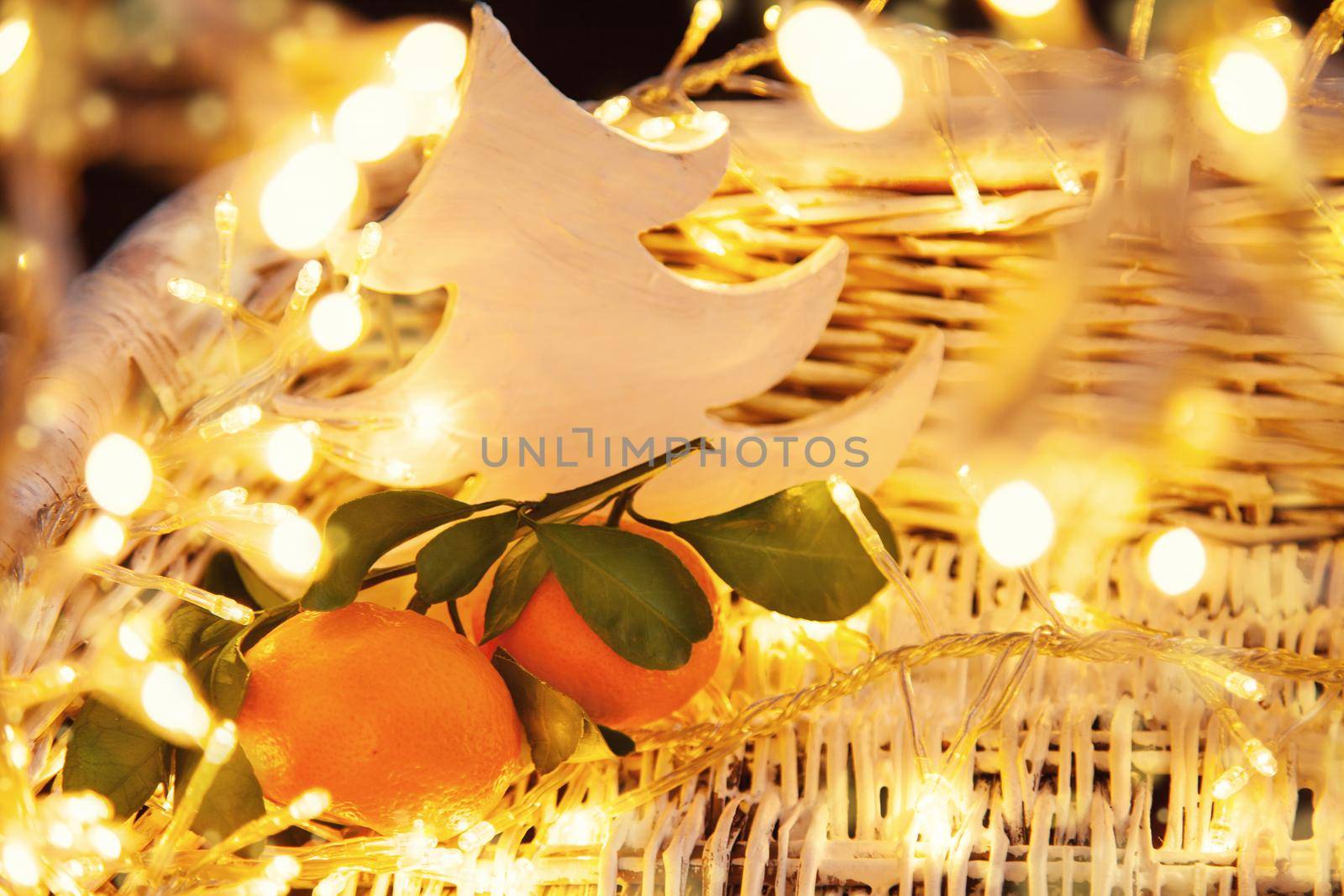 Warm atmosphere picture with white tree in old painted basket