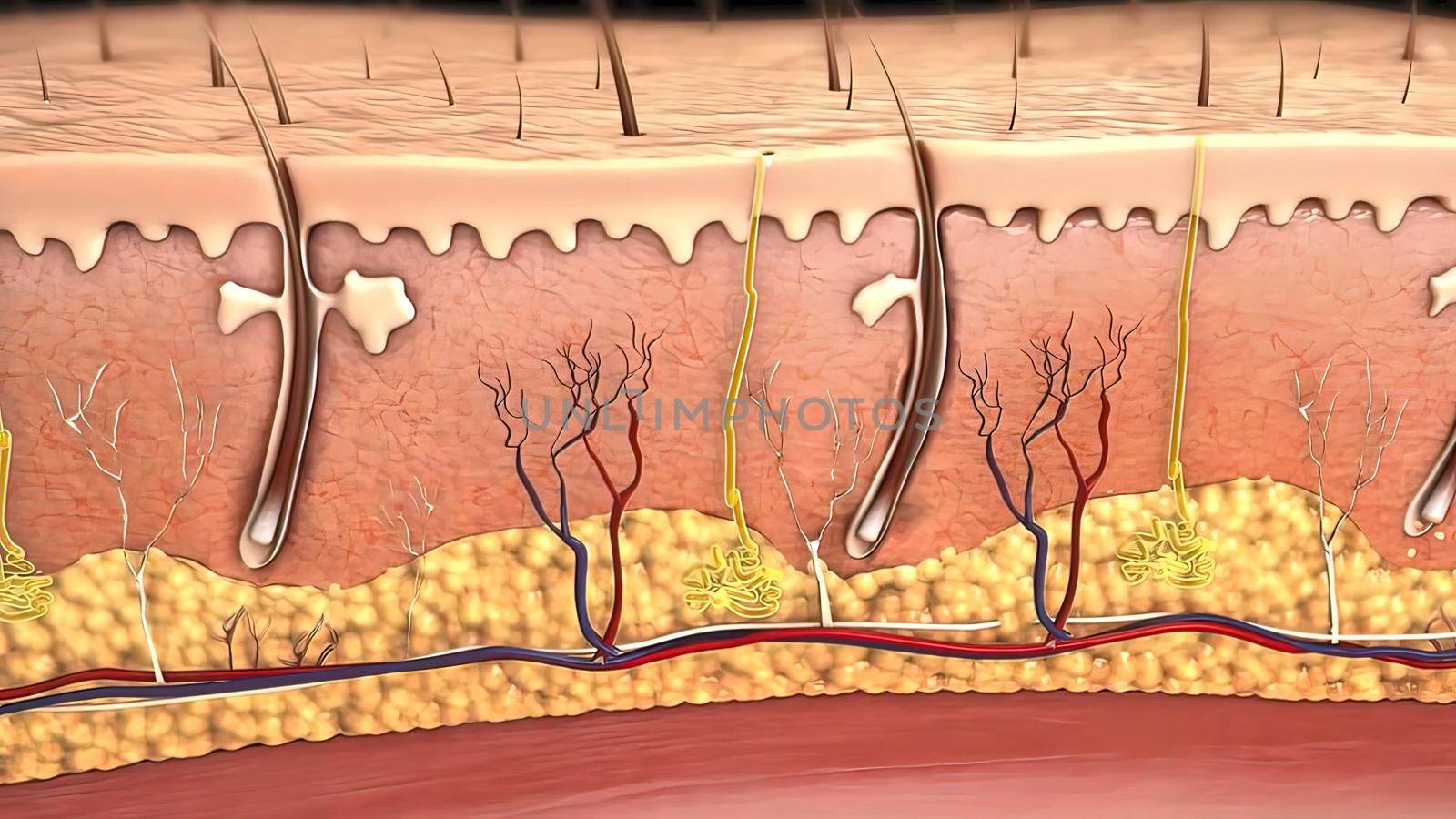 Skin damaged by uv rays. Skin absorbs light from sun. 3d illustration