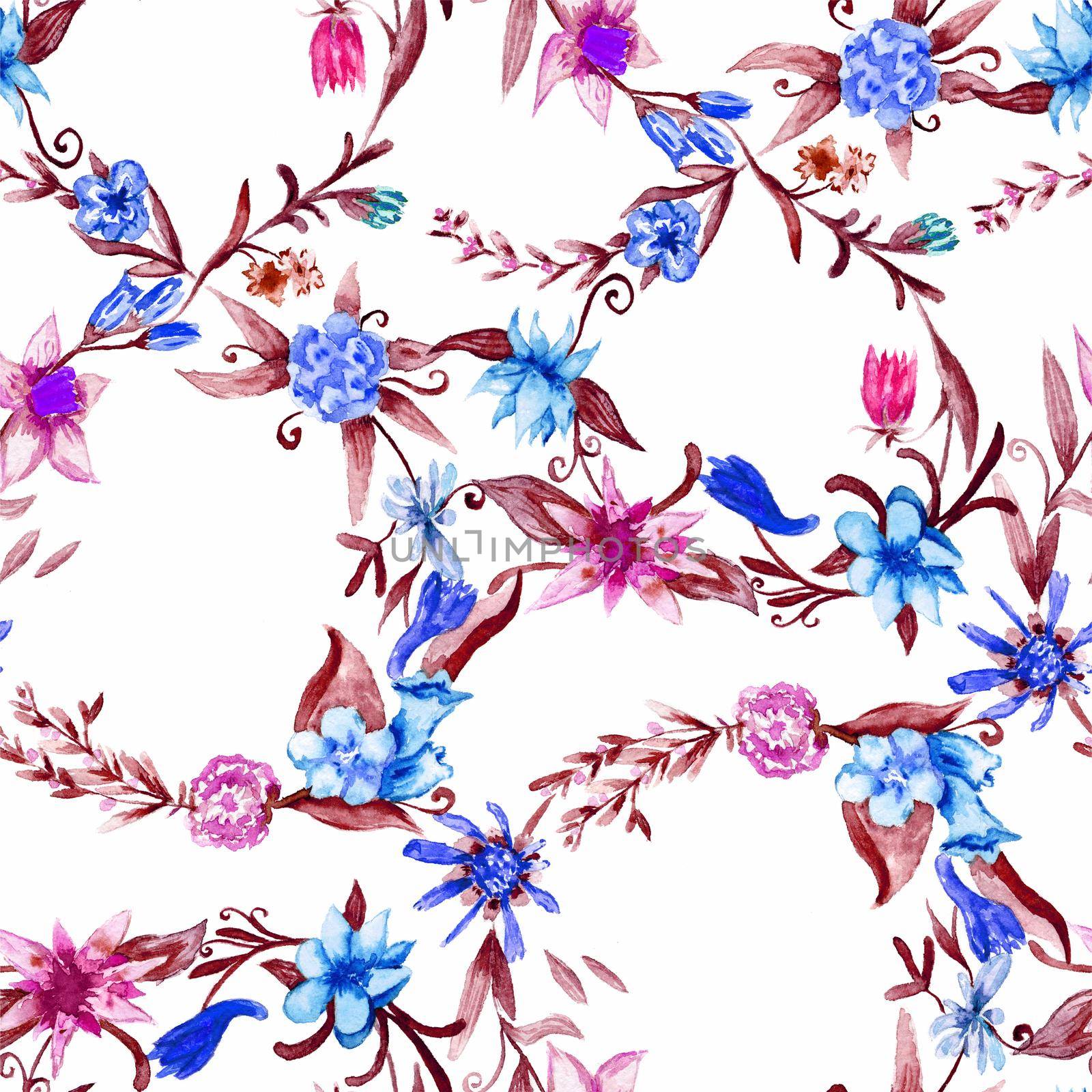 Hand-painted watercolor seamless background with blue and pink flowers