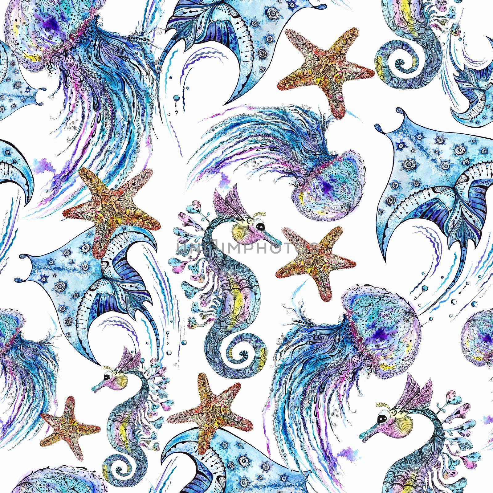 Nautical underwater texture with manta ray, starfish, jellyfish and seahorse