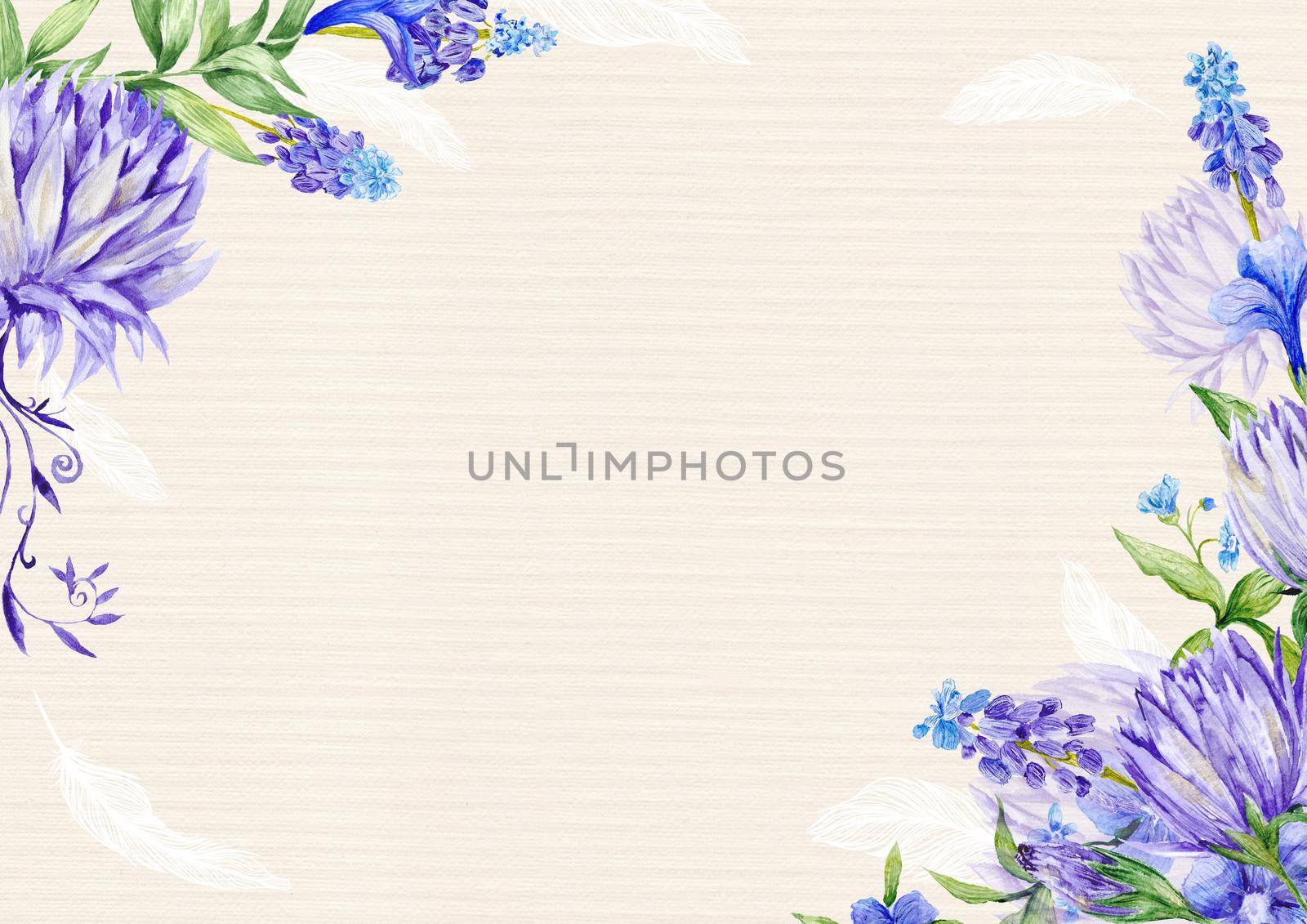 Old background with corners made of purple flowers on beige backdrop paper